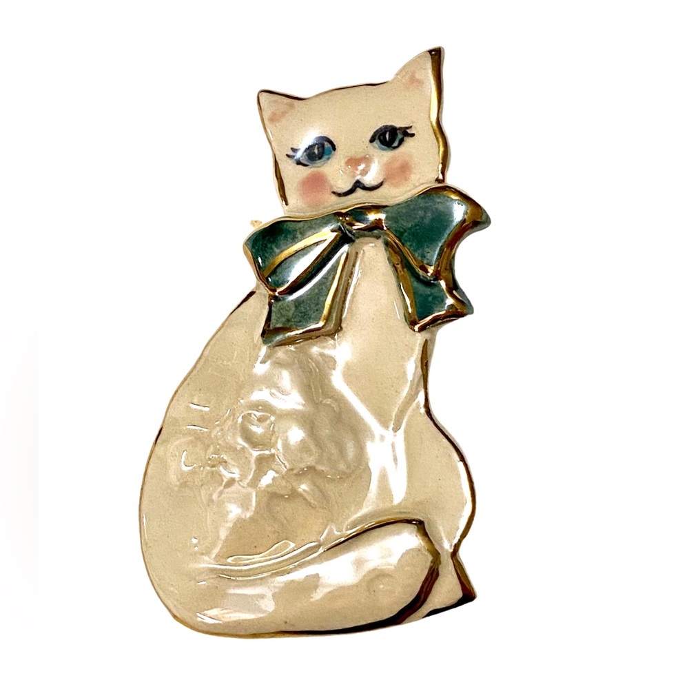 Vintage Cat Brooch Porcelain Ceramic artisan made